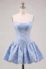 A-Line Blue Jacquard Floral Corset Strapless Homecoming Dress