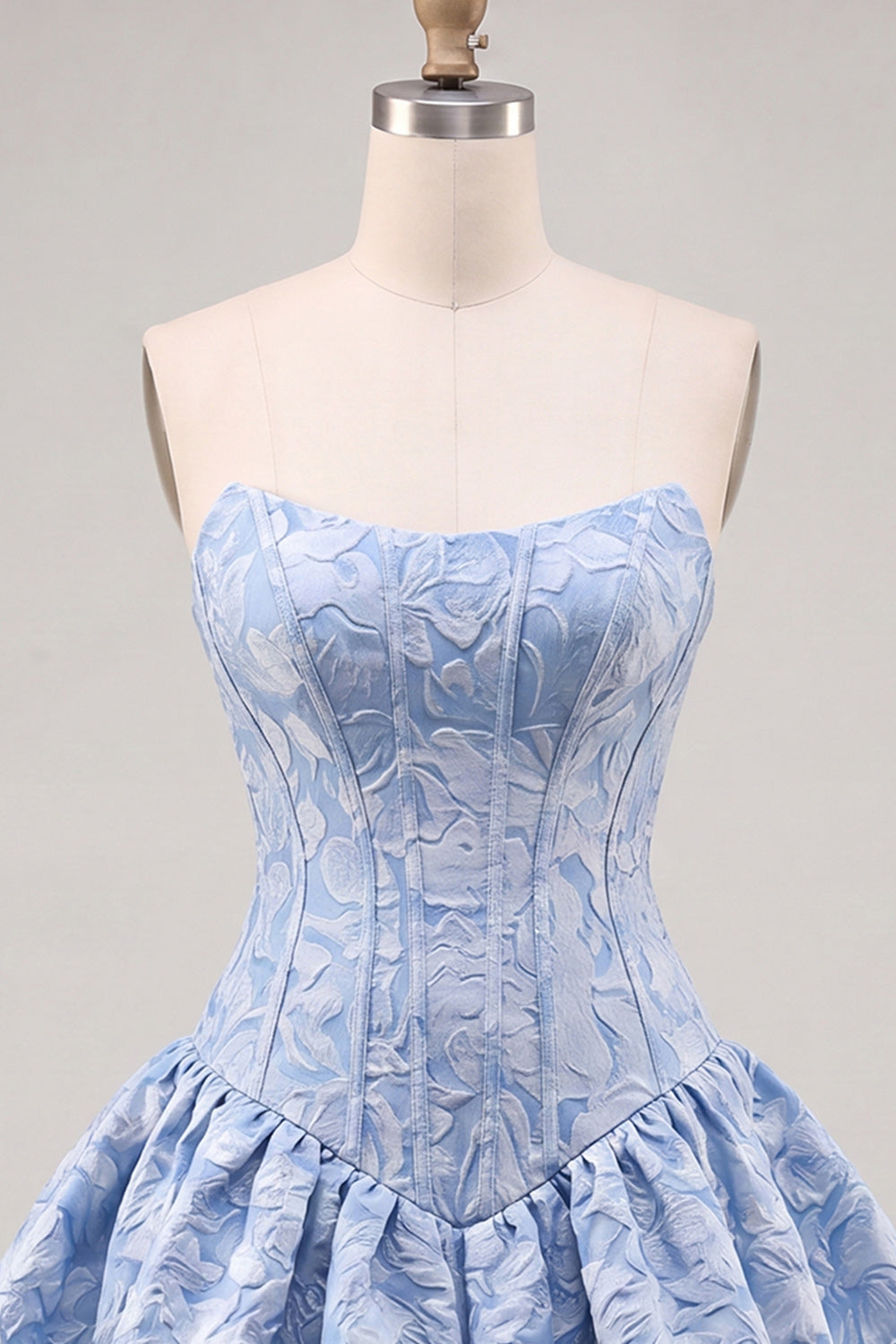 A-Line Blue Jacquard Floral Corset Strapless Homecoming Dress