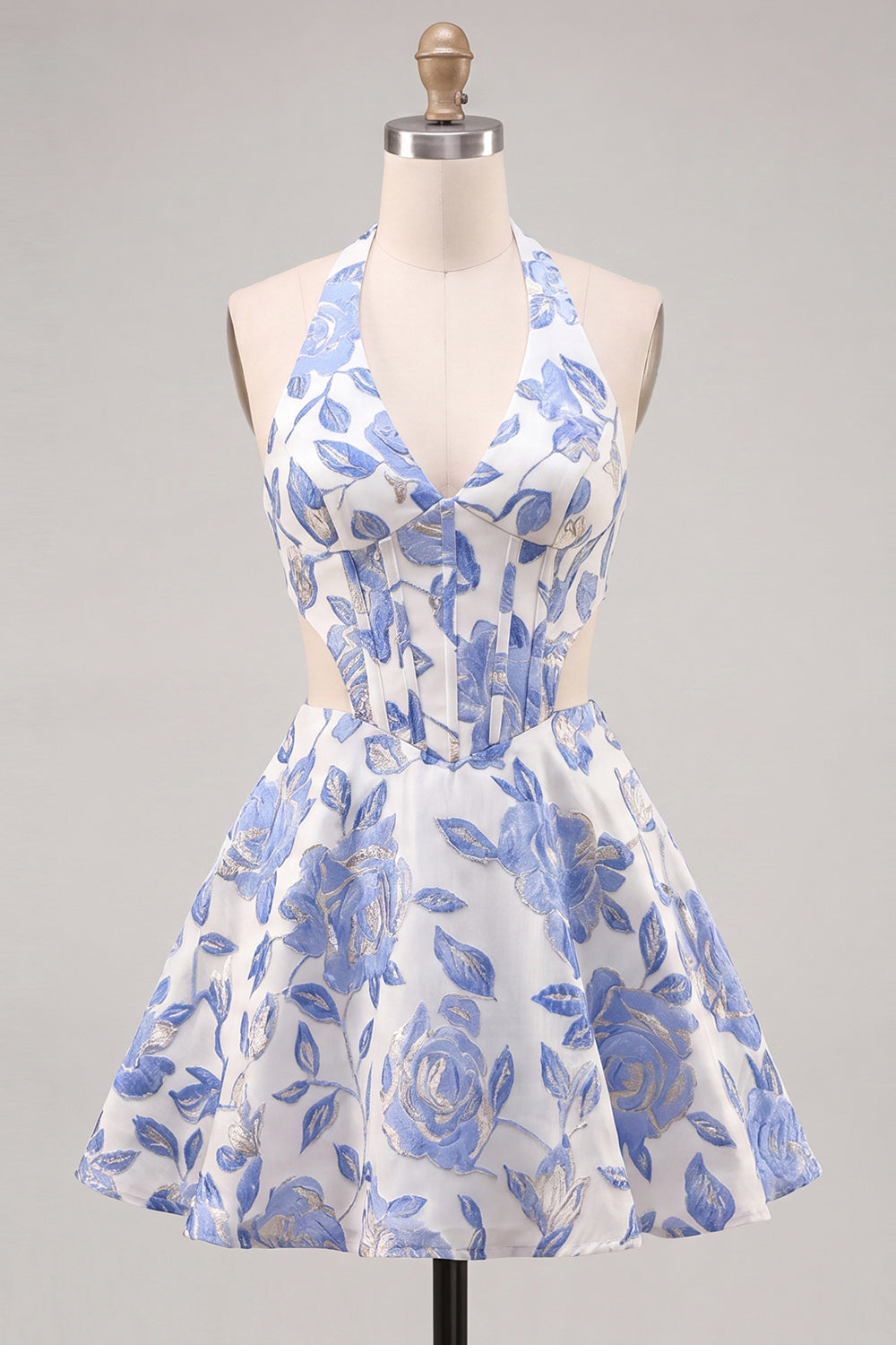 A-Line Halter Neck Light Blue Cut Out Floral Corset Backless Homecoming Dress