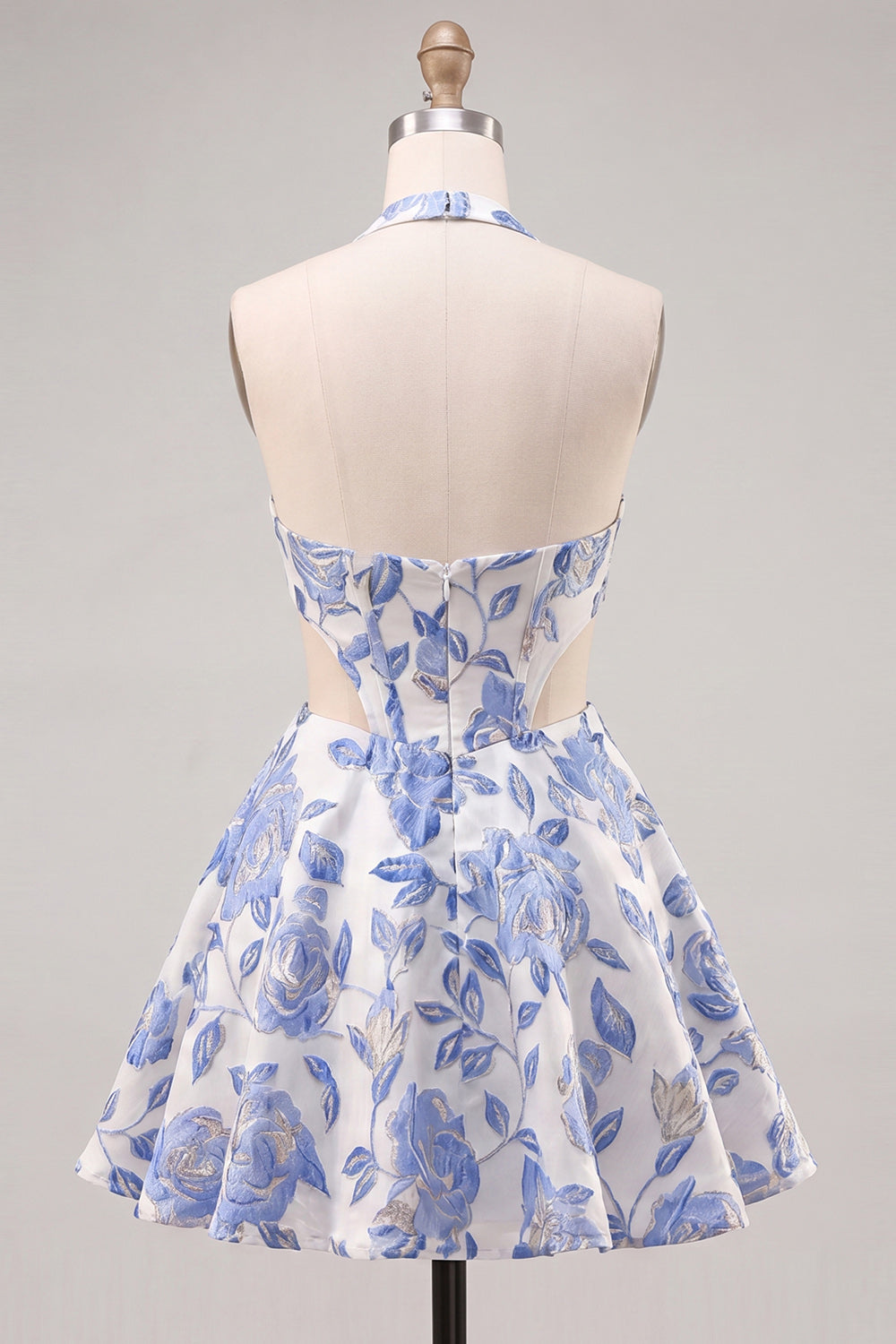 A-Line Halter Neck Light Blue Cut Out Floral Corset Backless Homecoming Dress