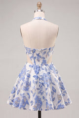A-Line Halter Neck Light Blue Cut Out Floral Corset Backless Homecoming Dress