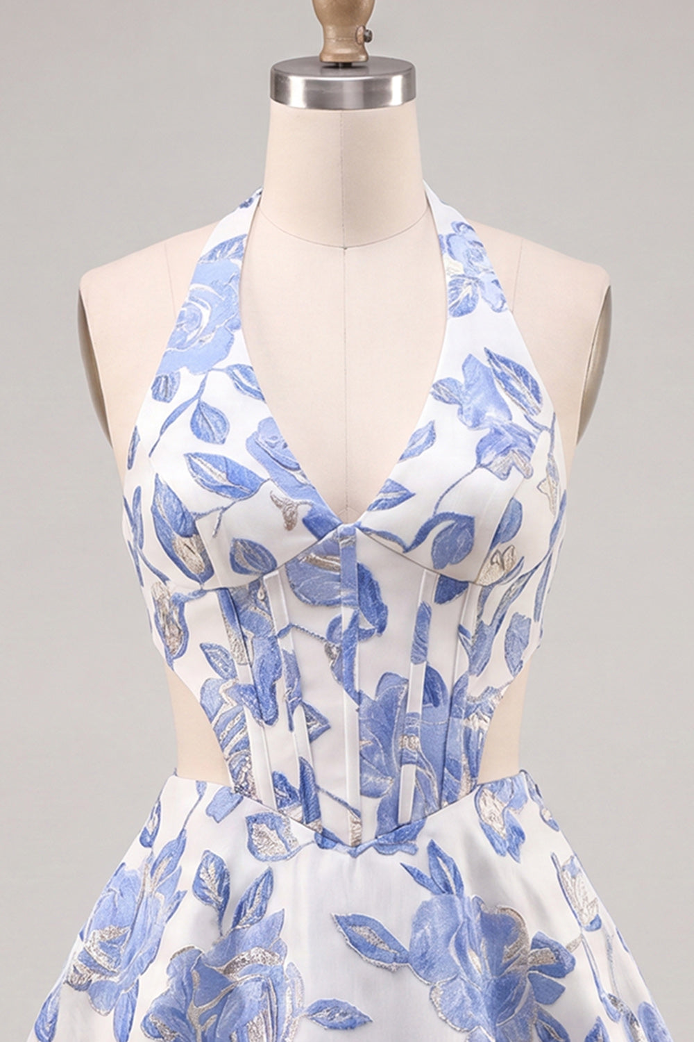 A-Line Halter Neck Light Blue Cut Out Floral Corset Backless Homecoming Dress