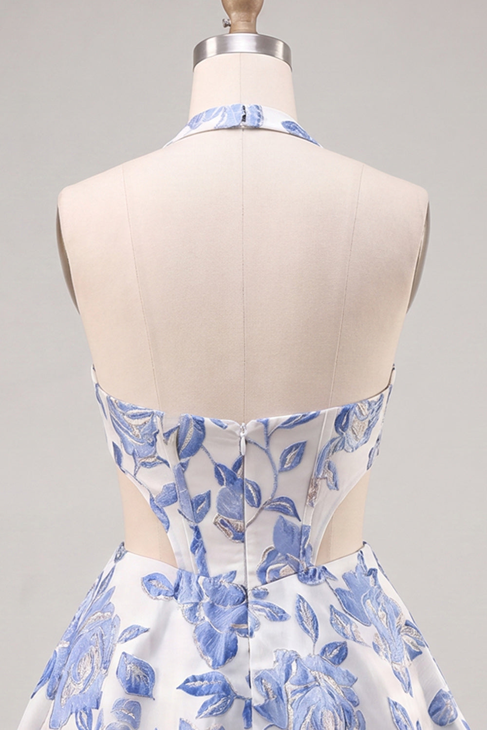 A-Line Halter Neck Light Blue Cut Out Floral Corset Backless Homecoming Dress