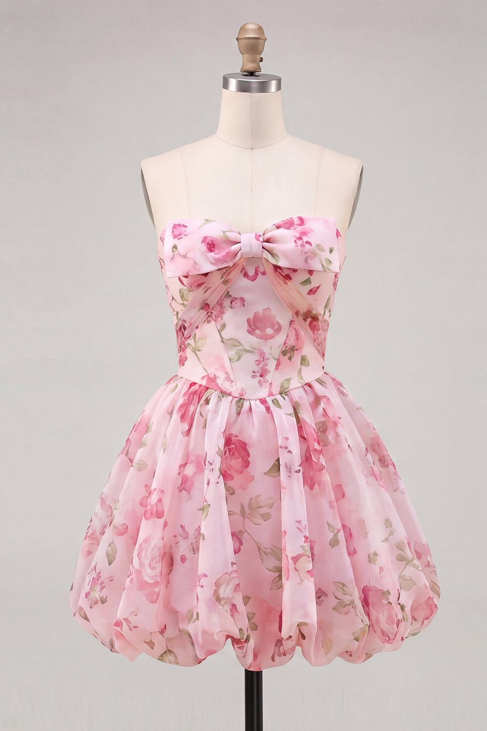 A-Line Pink Sweetheart Floral Chiffon Homecoming Dress with Lace Up Back