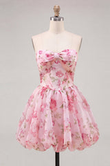 A-Line Pink Sweetheart Floral Chiffon Homecoming Dress with Lace Up Back