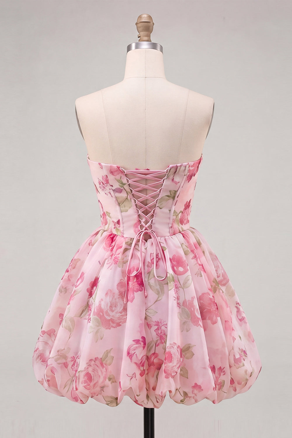 A-Line Pink Sweetheart Floral Chiffon Homecoming Dress with Lace Up Back