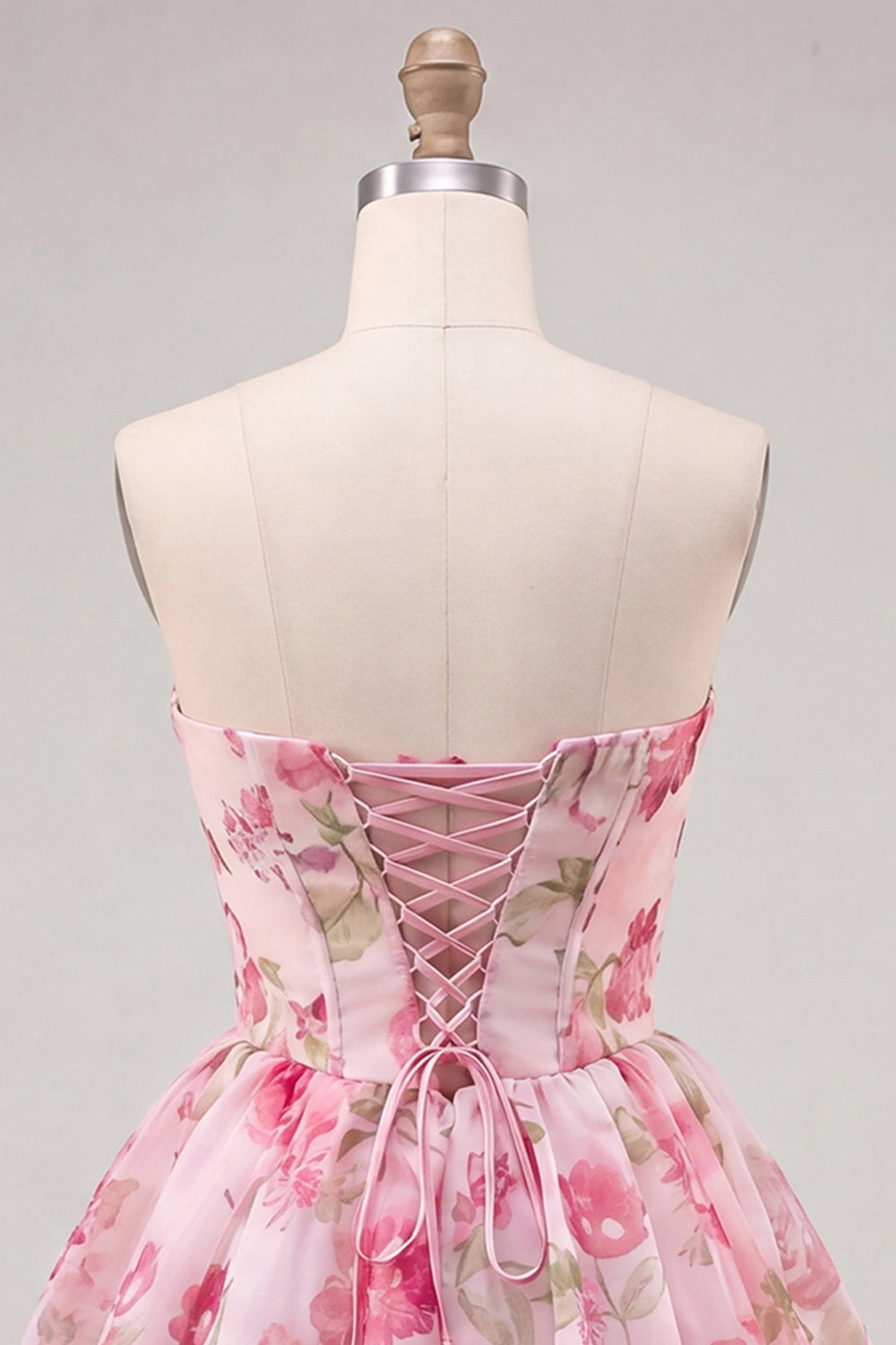 A-Line Pink Sweetheart Floral Chiffon Homecoming Dress with Lace Up Back