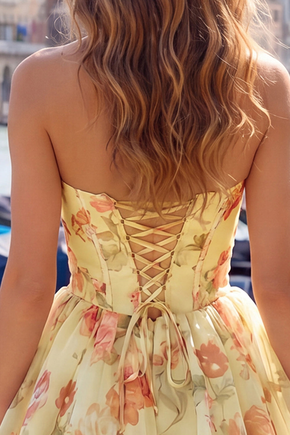 A-Line Pink Sweetheart Floral Chiffon Homecoming Dress with Lace Up Back