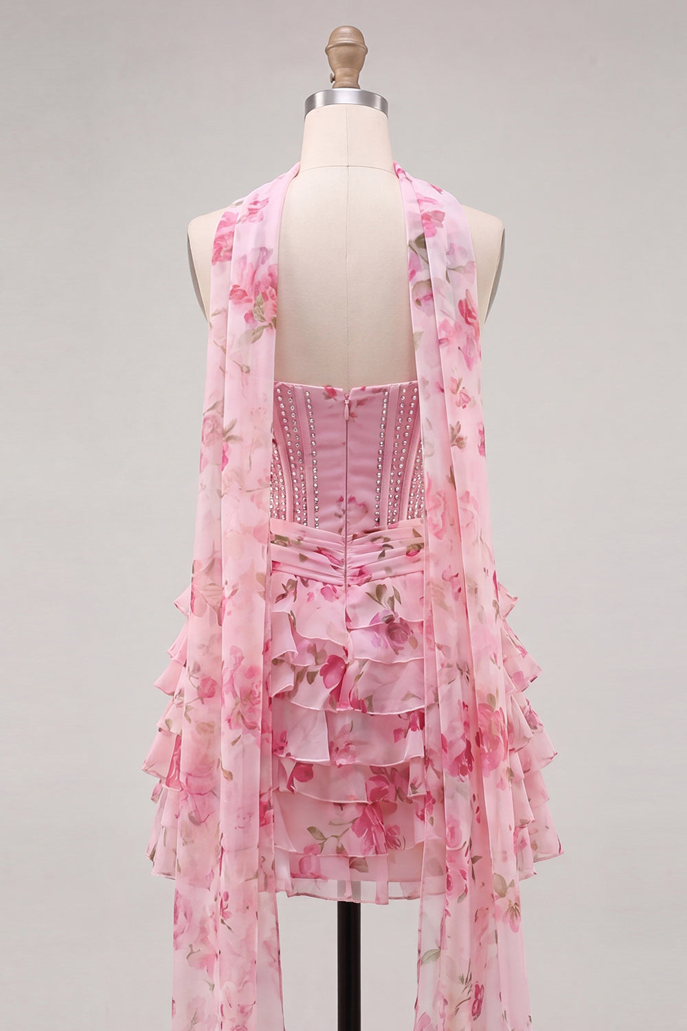 A-Line Pink Sweetheart Corset Tiered Floral Beaded Homecoming Dress with Neck Scarf