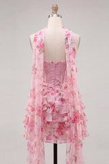 A-Line Pink Sweetheart Corset Tiered Floral Beaded Homecoming Dress with Neck Scarf