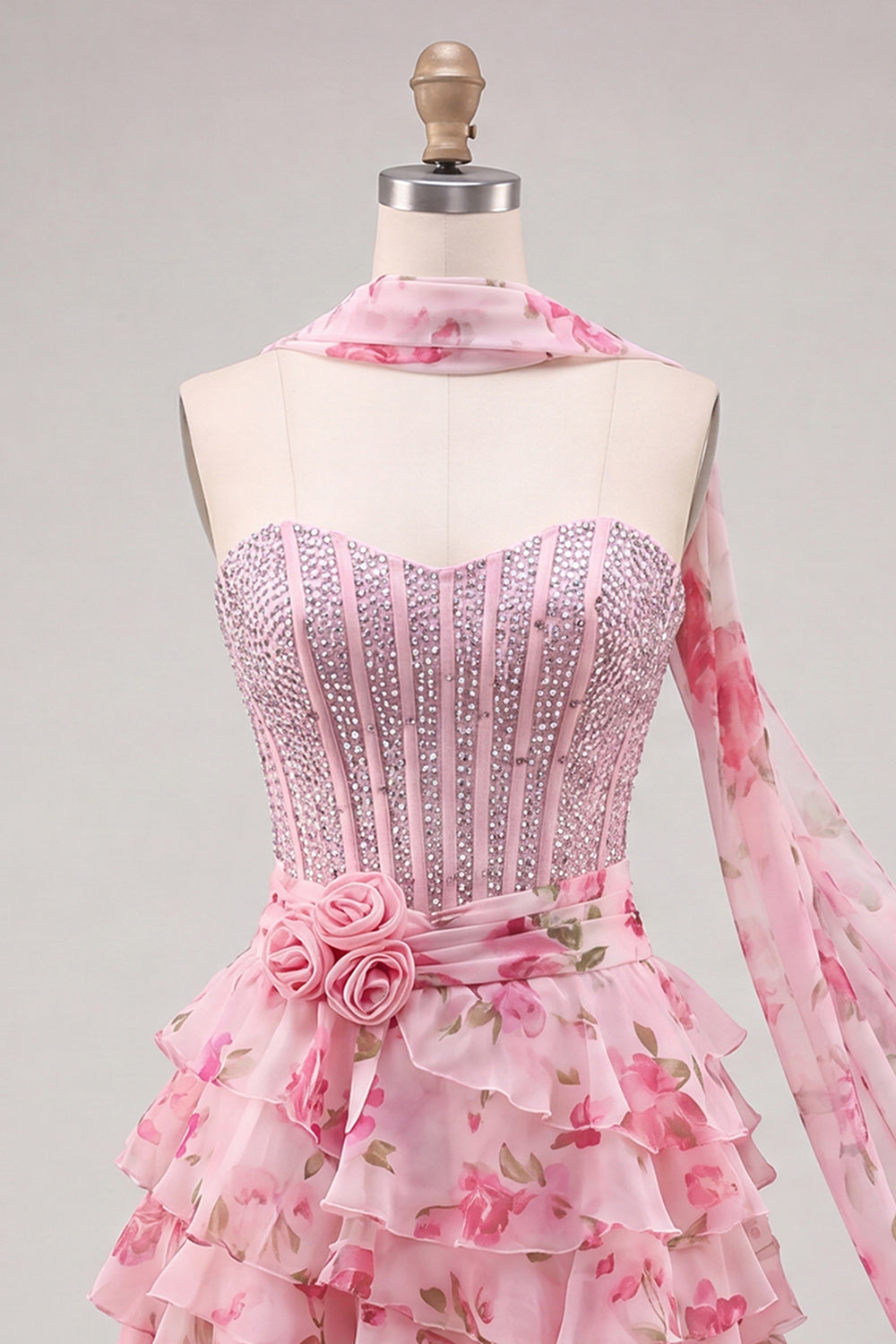 A-Line Pink Sweetheart Corset Tiered Floral Beaded Homecoming Dress with Neck Scarf