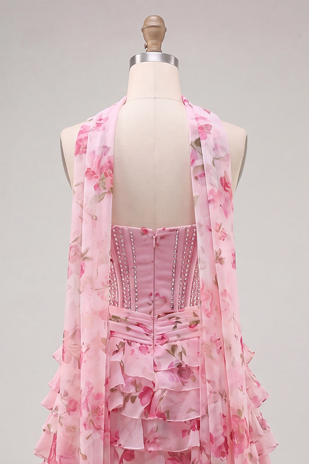 A-Line Pink Sweetheart Corset Tiered Floral Beaded Homecoming Dress with Neck Scarf