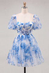 A-Line Blue Square Neck Corset Floral Homecoming Dress with Lace Up Back