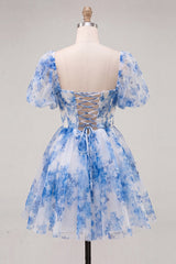 A-Line Blue Square Neck Corset Floral Homecoming Dress with Lace Up Back