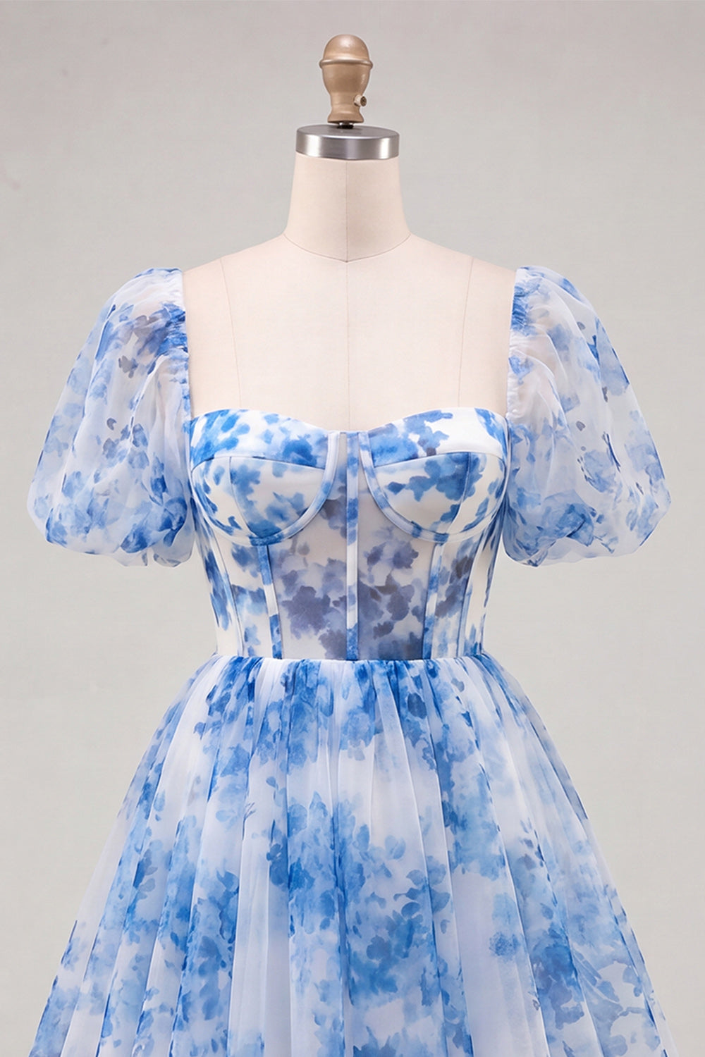 A-Line Blue Square Neck Corset Floral Homecoming Dress with Lace Up Back
