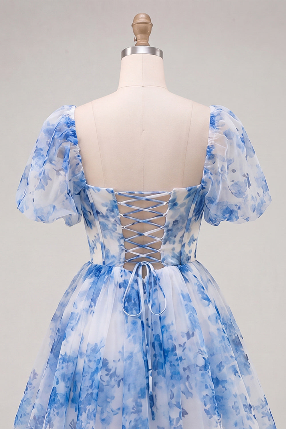 A-Line Blue Square Neck Corset Floral Homecoming Dress with Lace Up Back
