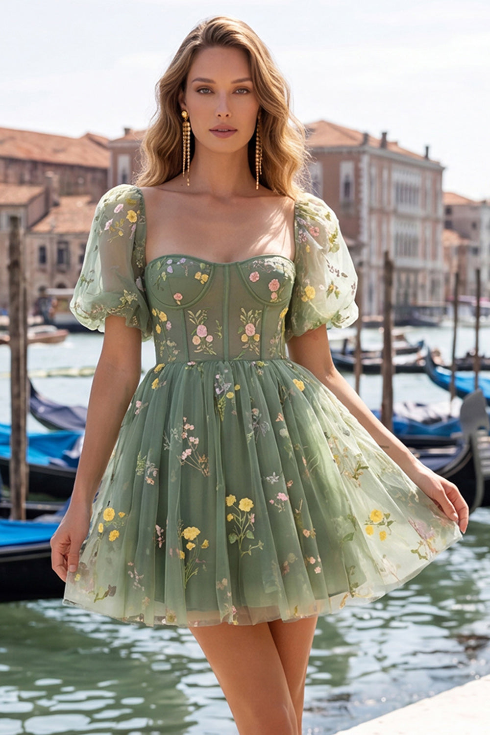 A-Line Blue Square Neck Corset Floral Homecoming Dress with Lace Up Back