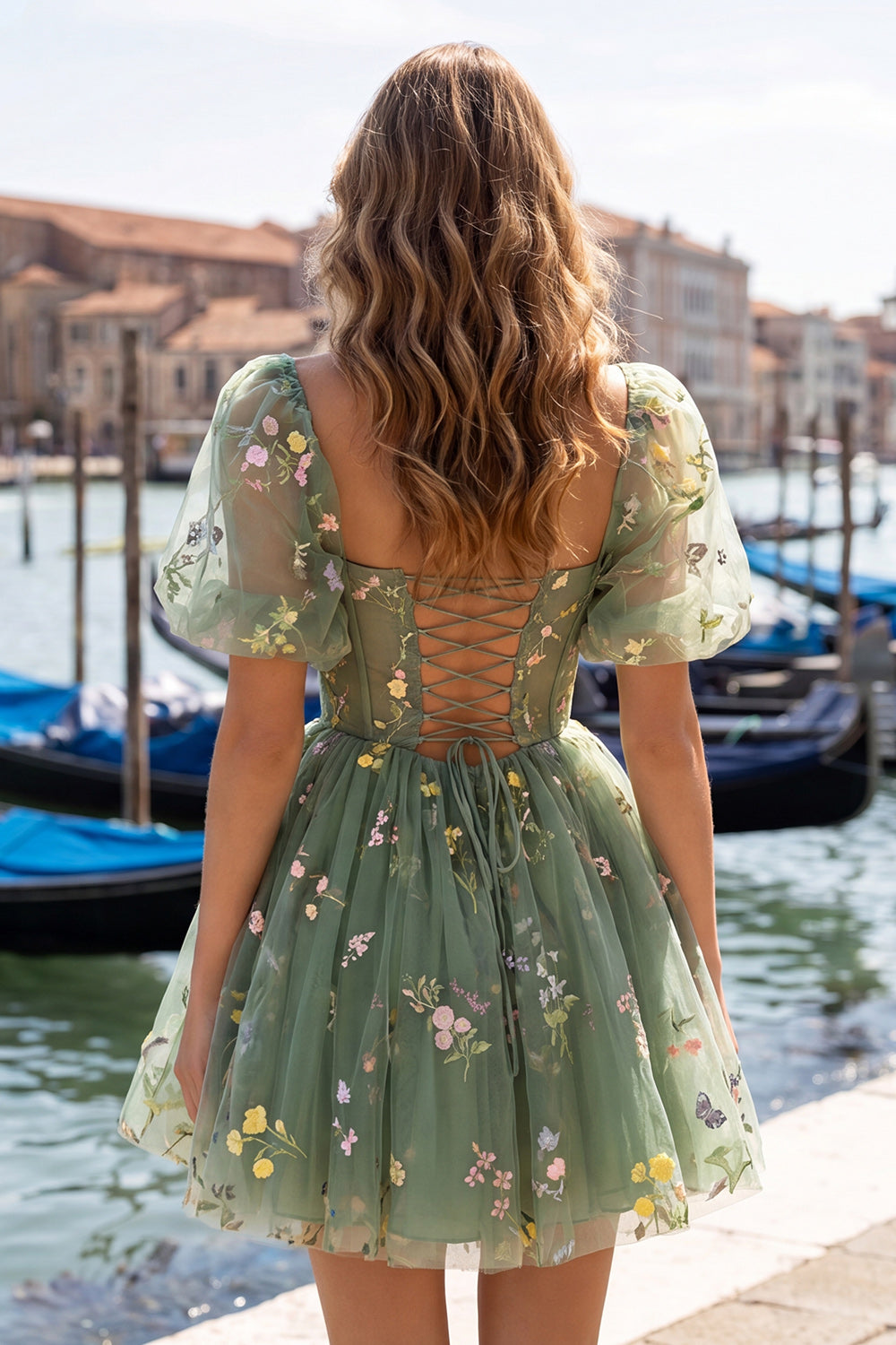 A-Line Blue Square Neck Corset Floral Homecoming Dress with Lace Up Back
