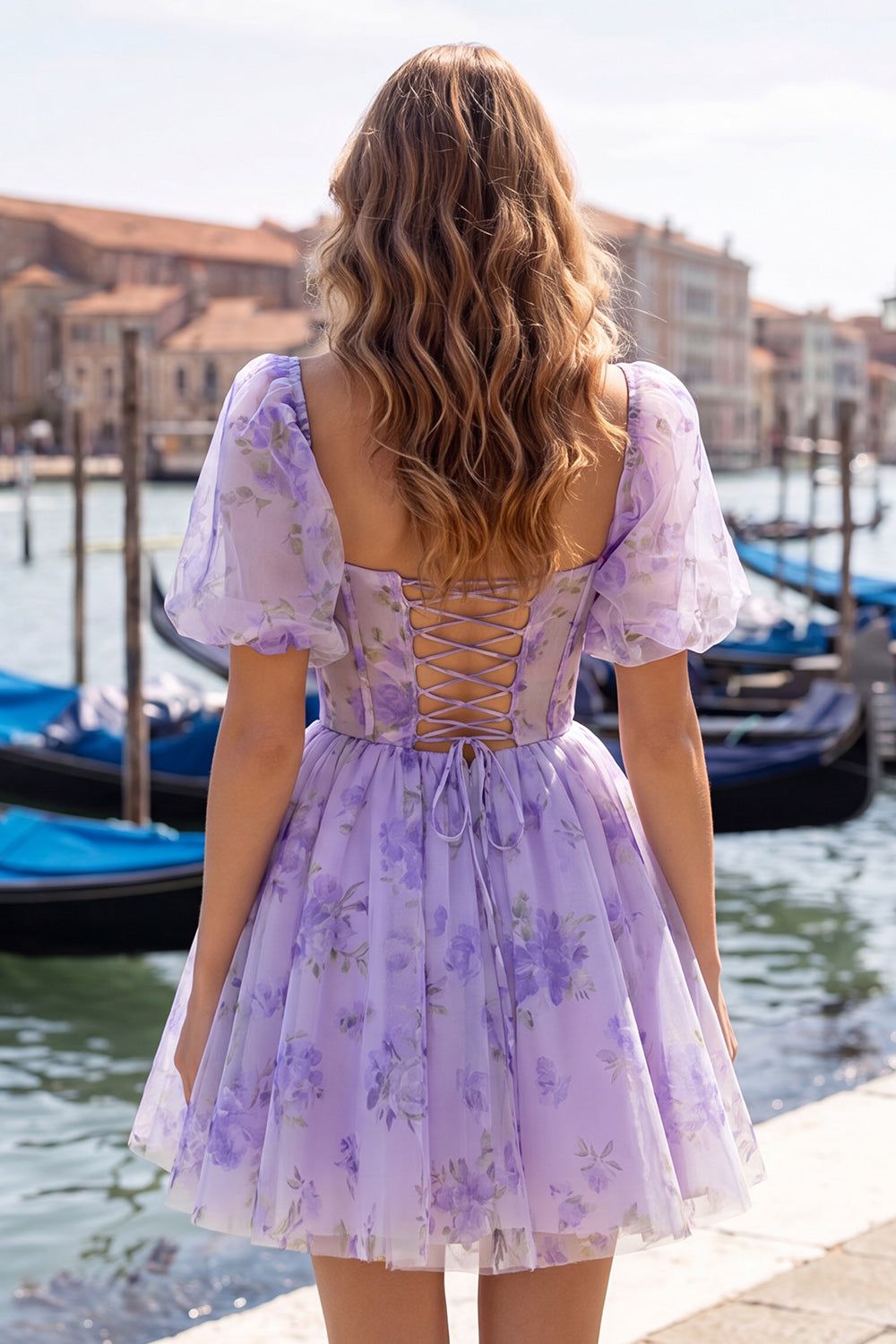 A-Line Blue Square Neck Corset Floral Homecoming Dress with Lace Up Back