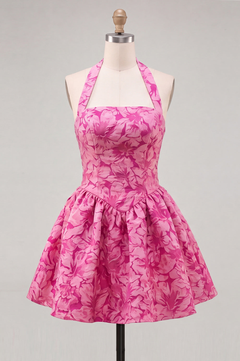 A-Line Fuchsia Halter Neck Jacquard Floral Short Homecoming Dress
