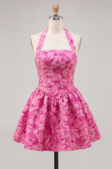 A-Line Fuchsia Halter Neck Jacquard Floral Short Homecoming Dress