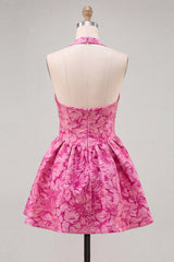 A-Line Fuchsia Halter Neck Jacquard Floral Short Homecoming Dress