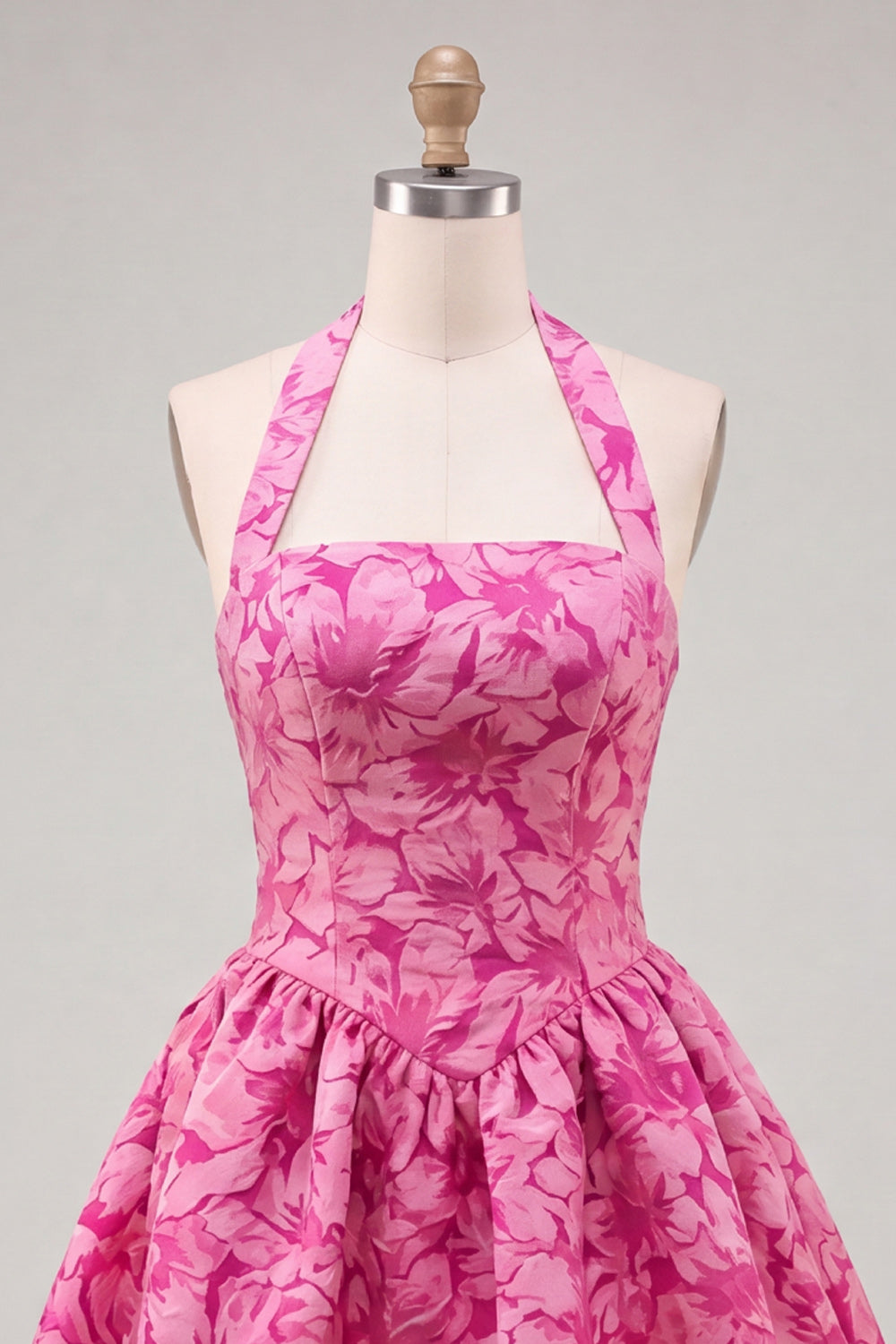 A-Line Fuchsia Halter Neck Jacquard Floral Short Homecoming Dress