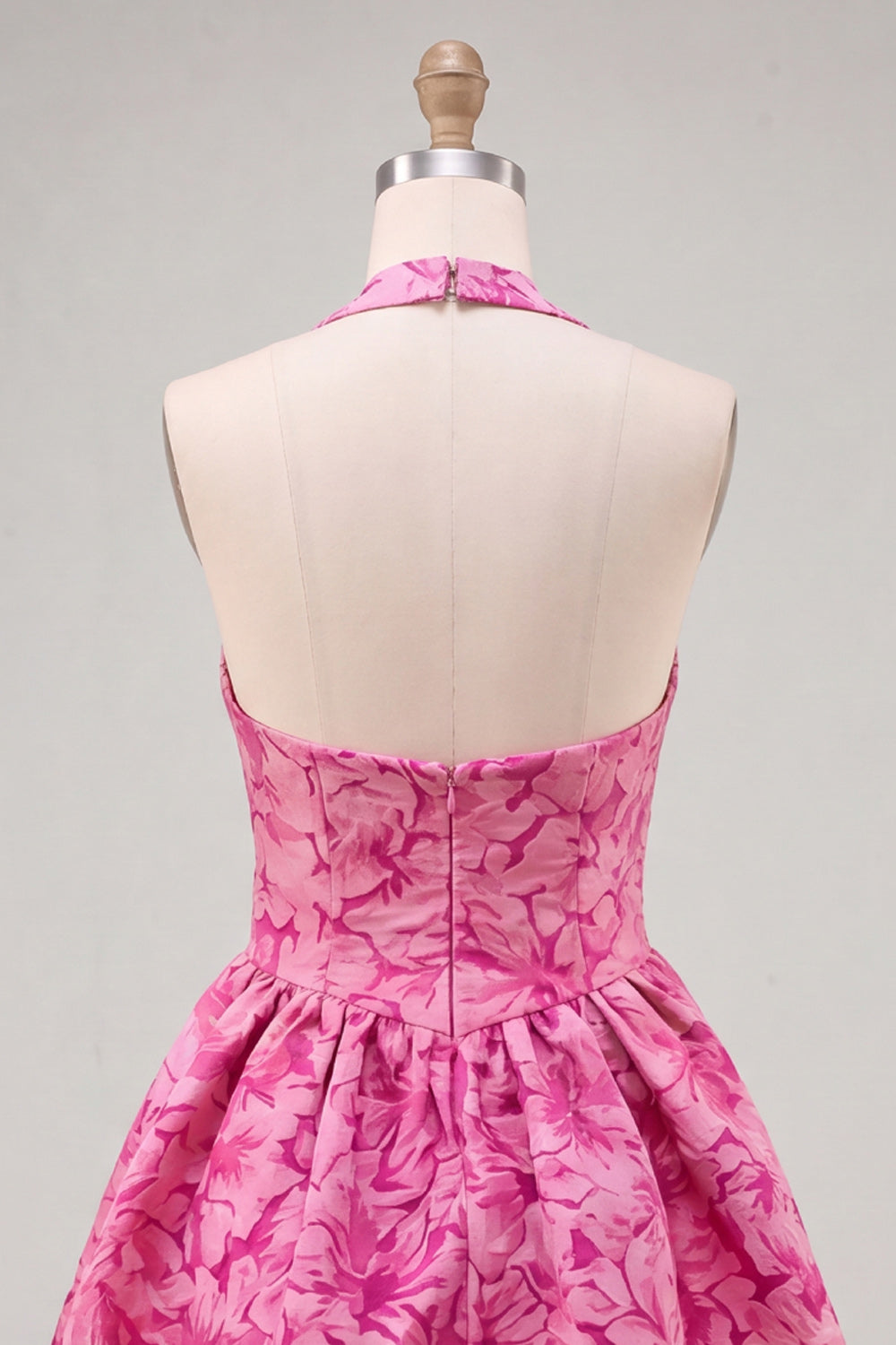 A-Line Fuchsia Halter Neck Jacquard Floral Short Homecoming Dress