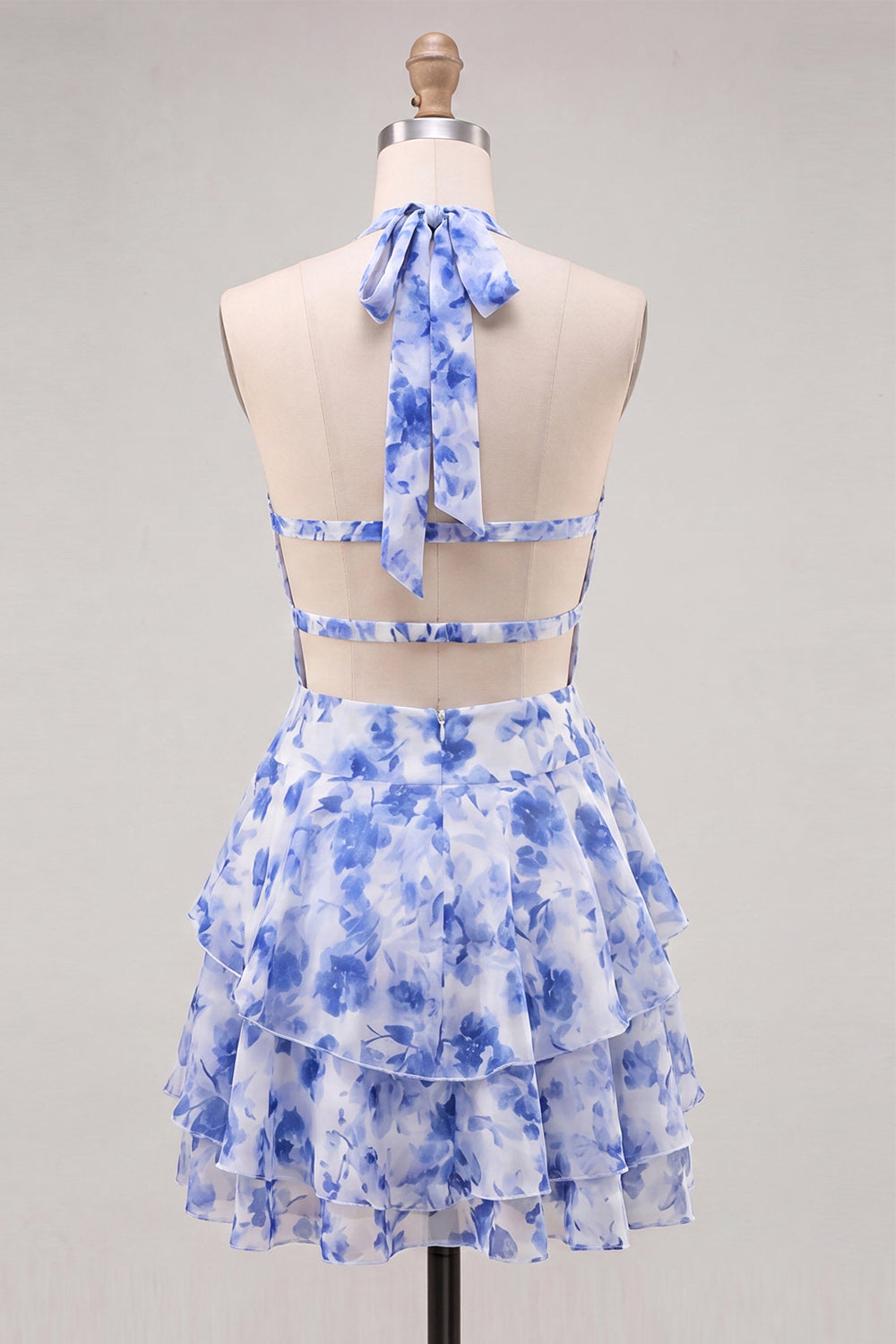 A-Line Chiffon Blue Floral Tiered Halter Neck Short Homecoming Dress