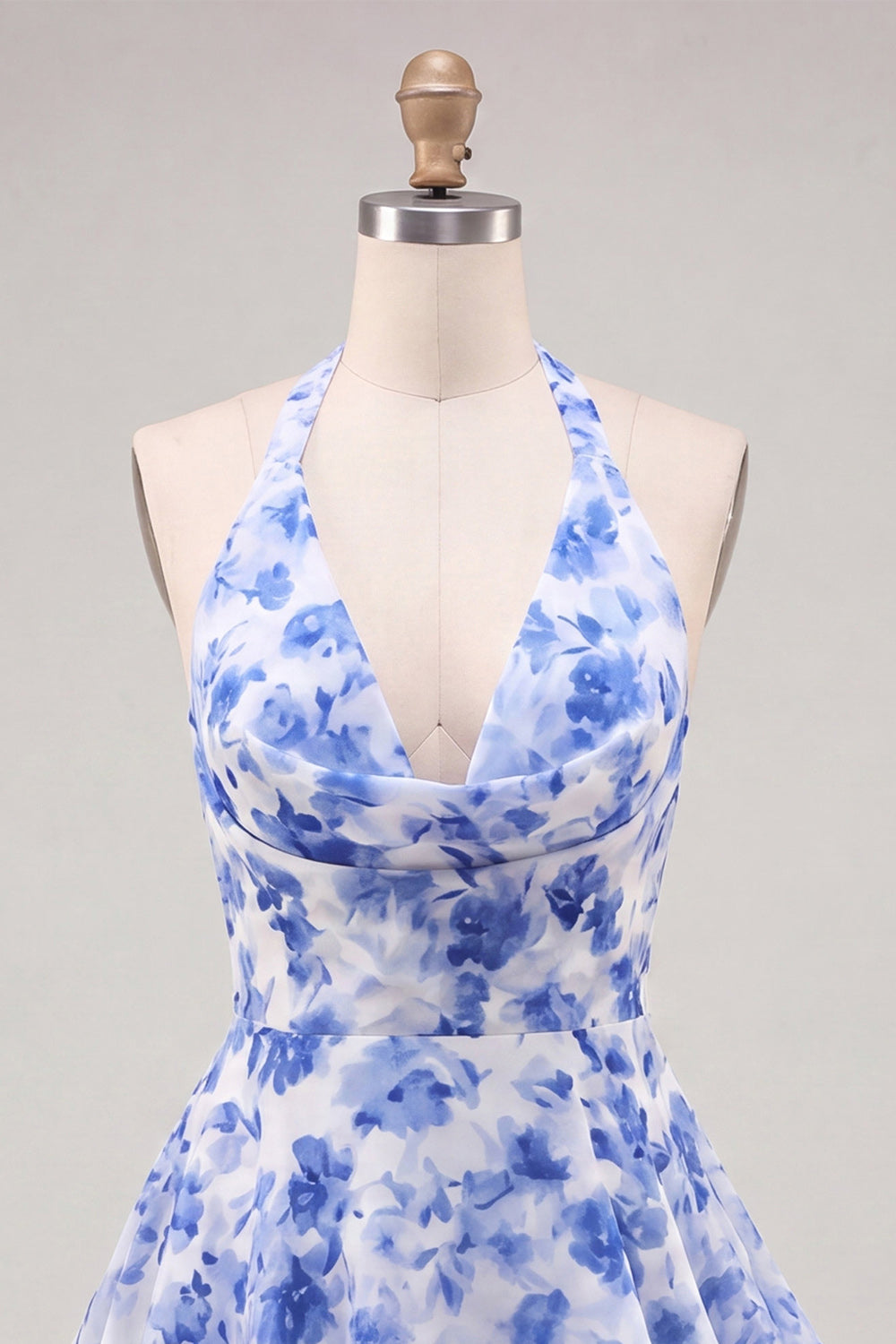 A-Line Chiffon Blue Floral Tiered Halter Neck Short Homecoming Dress
