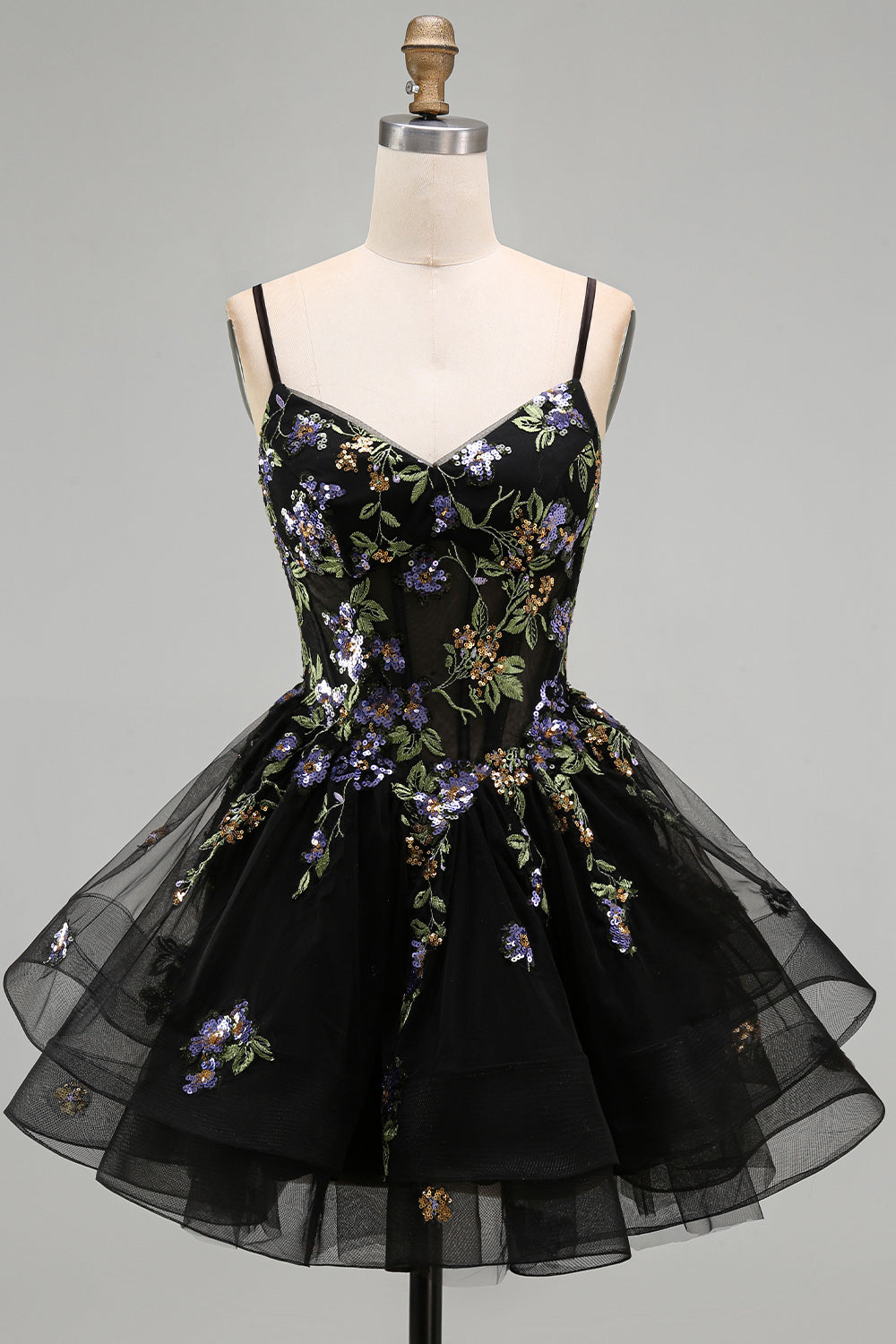 A-Line Black Floral Tiered Spaghetti Straps Organza Homecoming Dress with Lace Up Back
