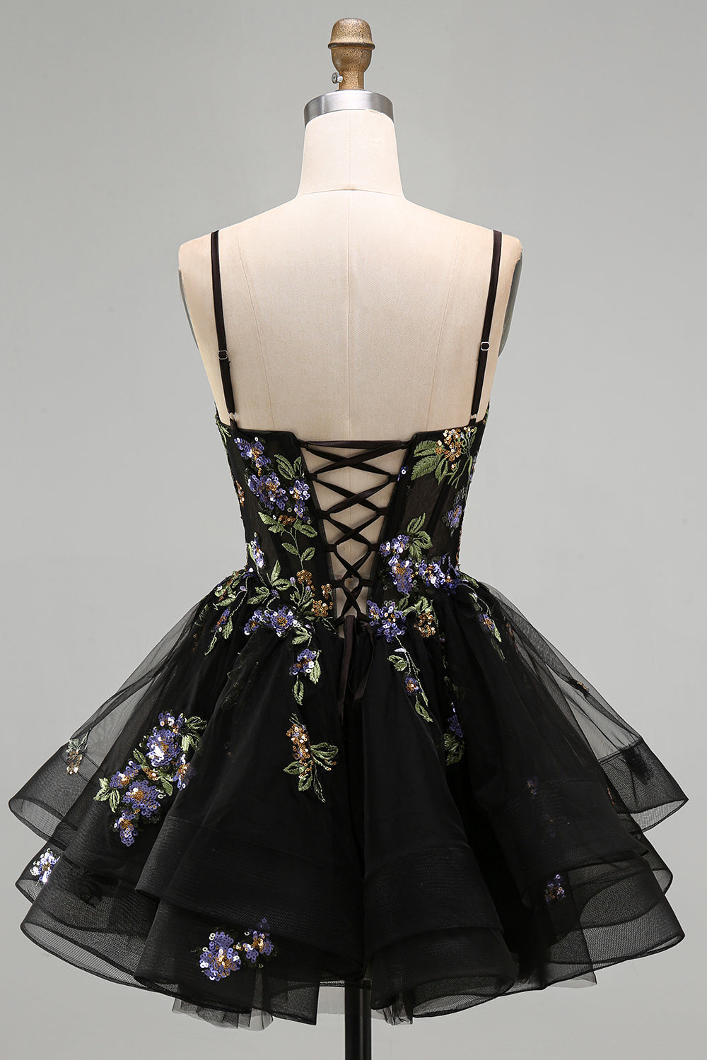A-Line Black Floral Tiered Spaghetti Straps Organza Homecoming Dress with Lace Up Back