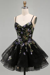 A-Line Black Floral Tiered Spaghetti Straps Organza Homecoming Dress with Lace Up Back