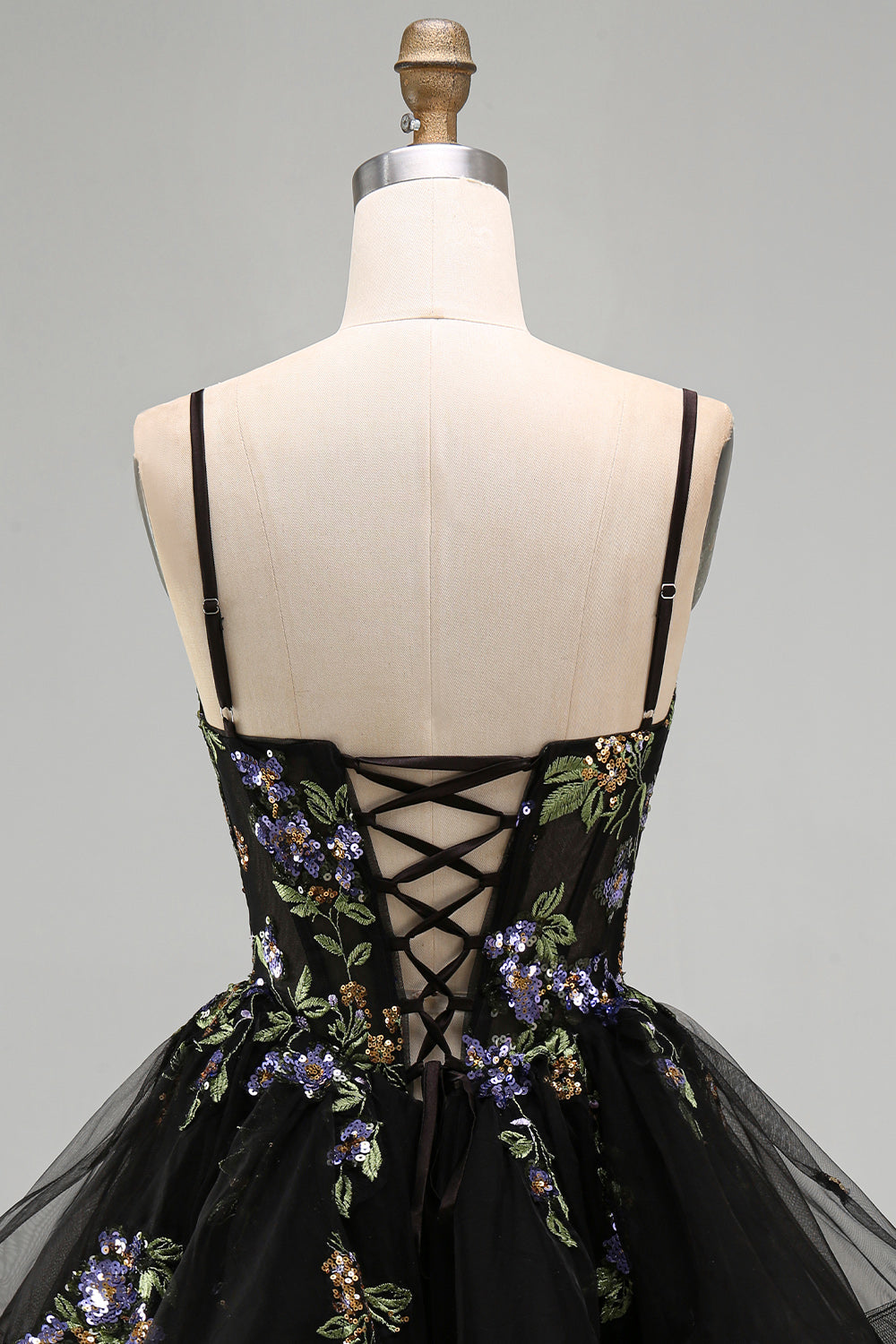 A-Line Black Floral Tiered Spaghetti Straps Organza Homecoming Dress with Lace Up Back