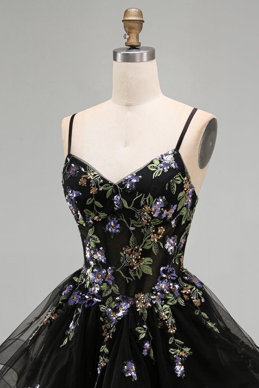 A-Line Black Floral Tiered Spaghetti Straps Organza Homecoming Dress with Lace Up Back