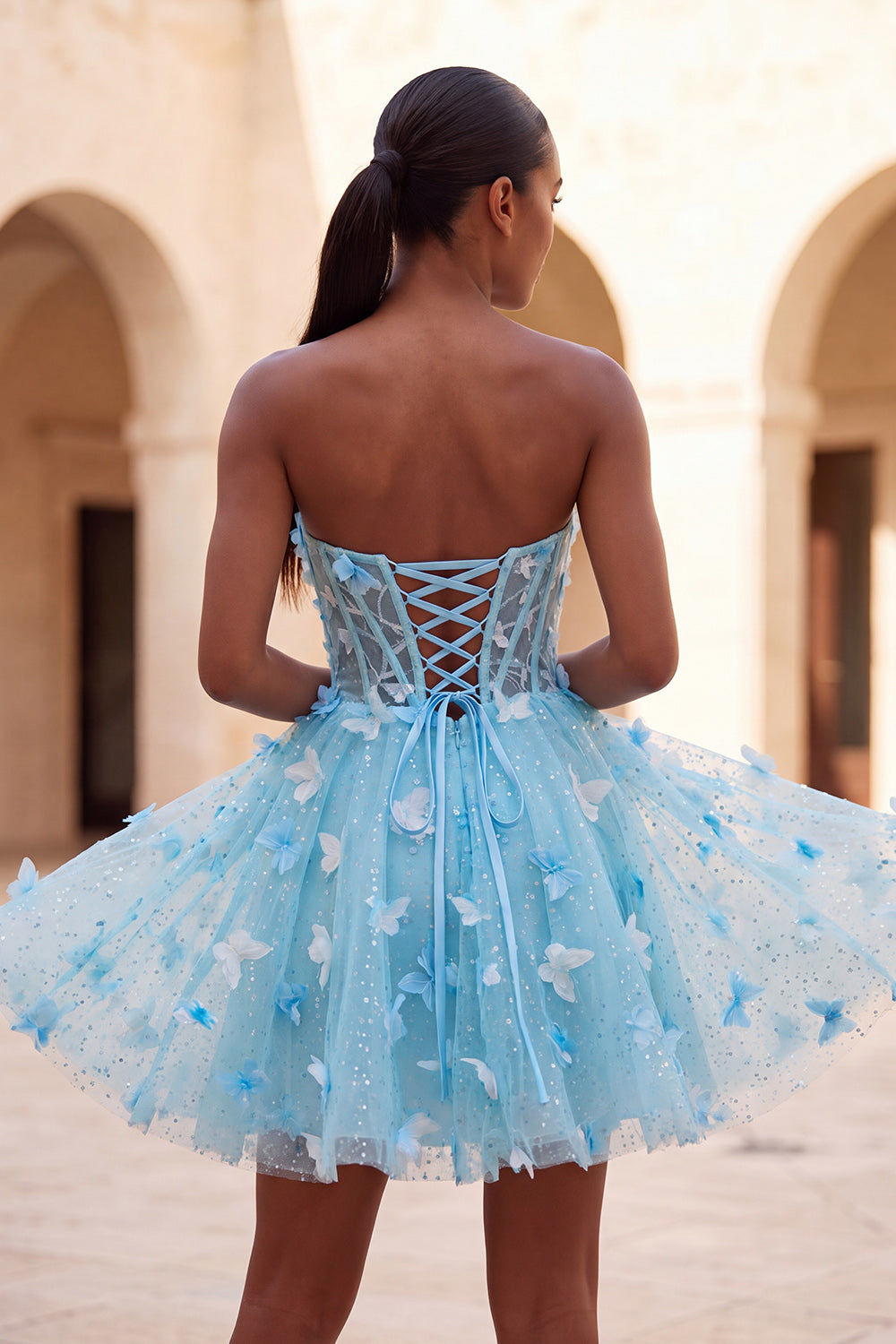 A-Line Lilac Sweetheart Sheer Corset Appliqued Homecoming Dress with Lace Up Back