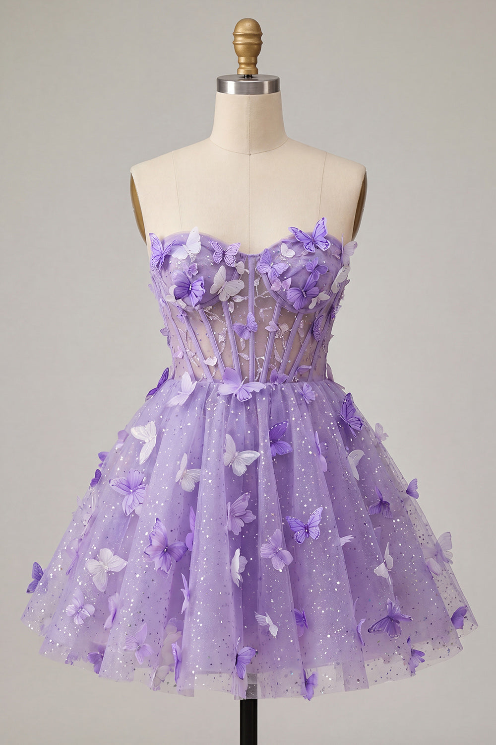 A-Line Lilac Sweetheart Sheer Corset Appliqued Homecoming Dress with Lace Up Back