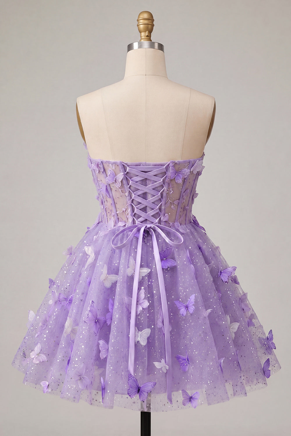 A-Line Lilac Sweetheart Sheer Corset Appliqued Homecoming Dress with Lace Up Back