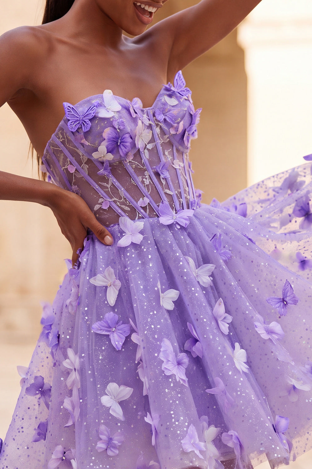 A-Line Lilac Sweetheart Sheer Corset Appliqued Homecoming Dress with Lace Up Back