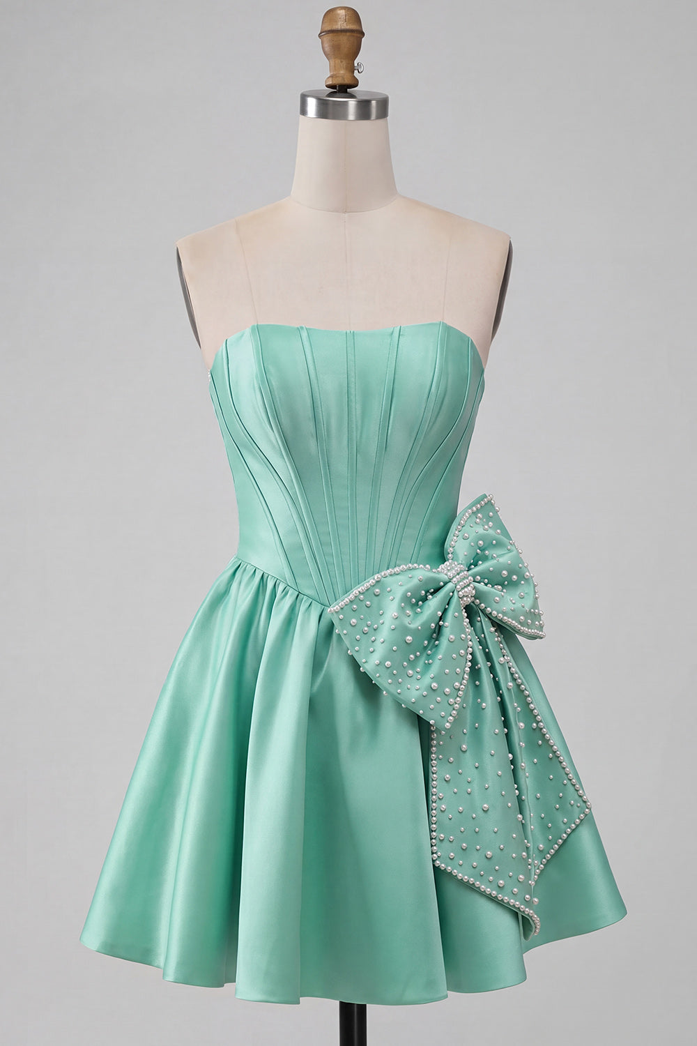 A-Line Mint Green Satin Strapless Lace Up Back Pearl Corset Homecoming Dress with Bow
