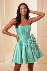 A-Line Mint Green Satin Strapless Lace Up Back Pearl Corset Homecoming Dress with Bow