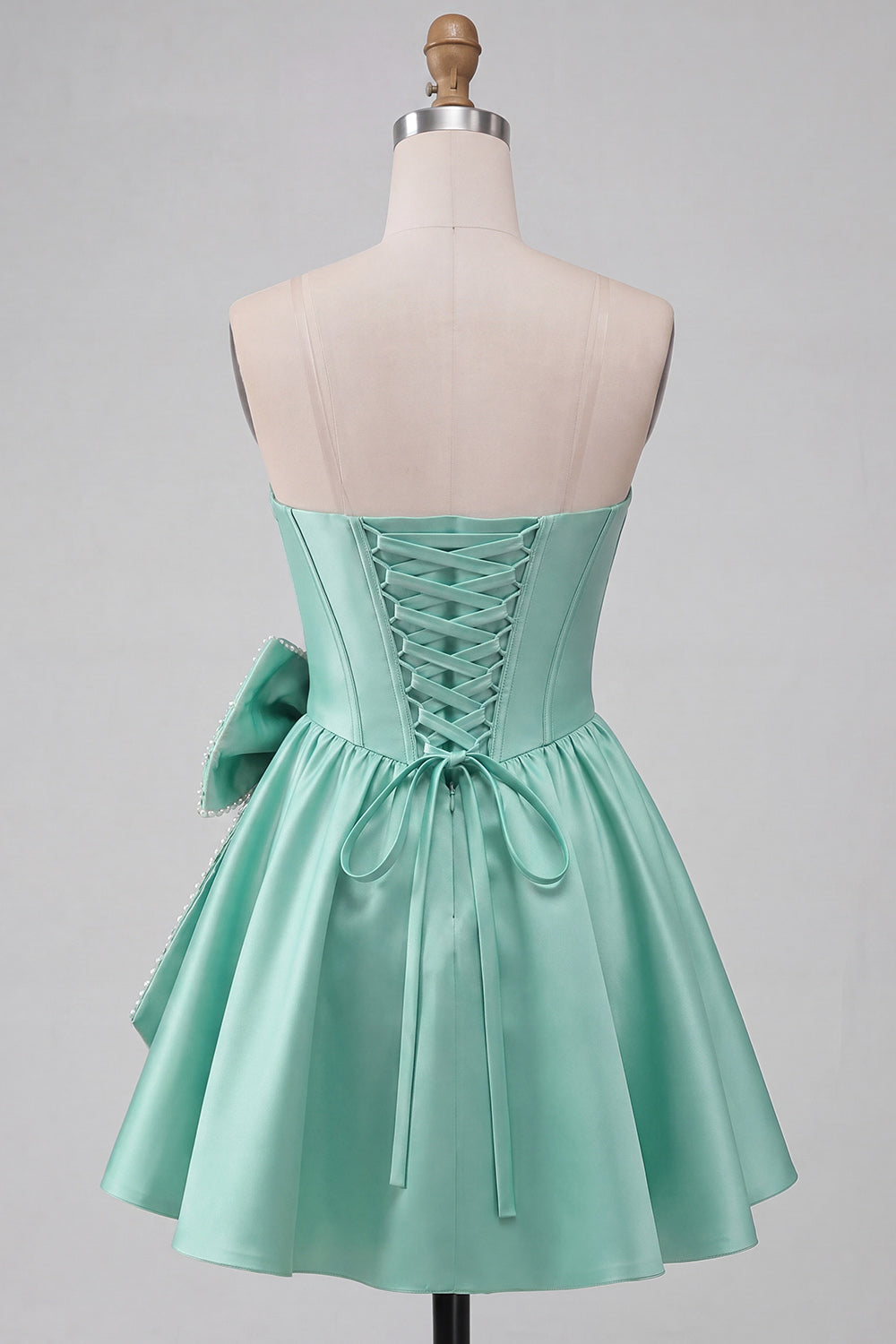 A-Line Mint Green Satin Strapless Lace Up Back Pearl Corset Homecoming Dress with Bow