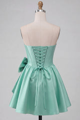 A-Line Mint Green Satin Strapless Lace Up Back Pearl Corset Homecoming Dress with Bow