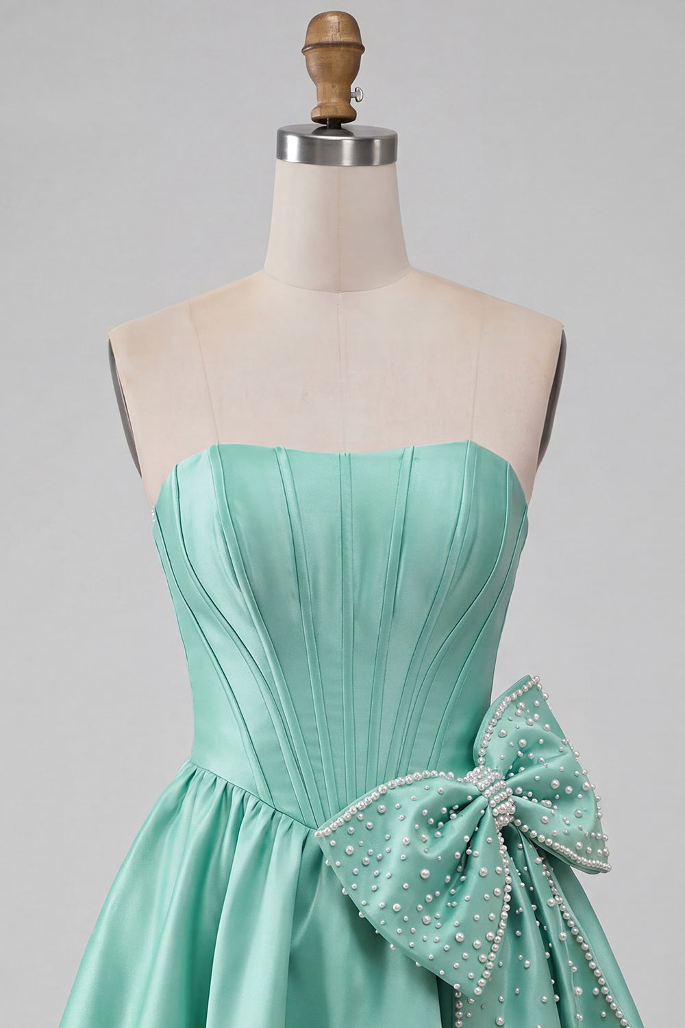 A-Line Mint Green Satin Strapless Lace Up Back Pearl Corset Homecoming Dress with Bow