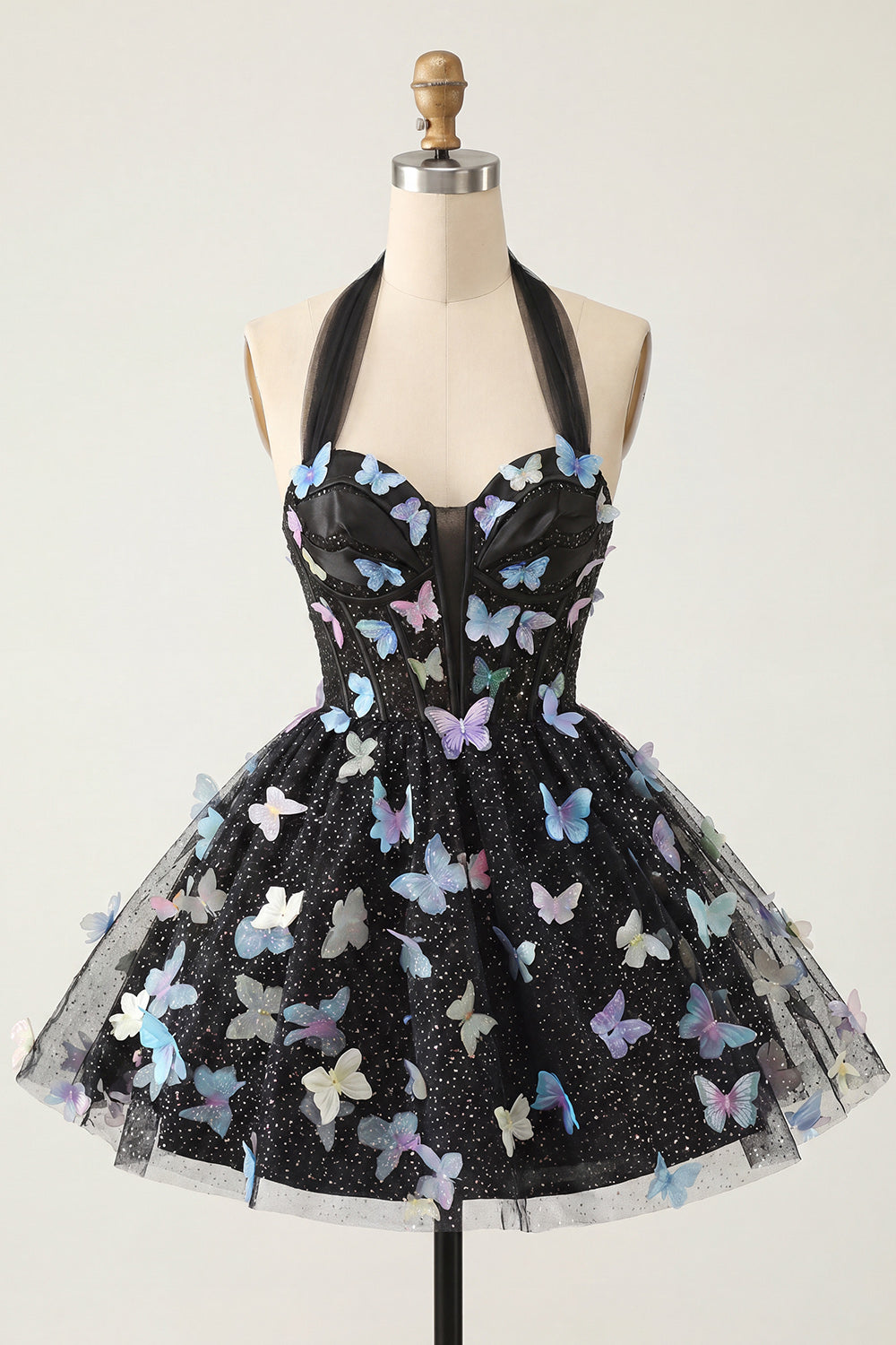 A-Line Black Halter Neck Corset Lace Up Back Short Homecoming Dress with Butterfly