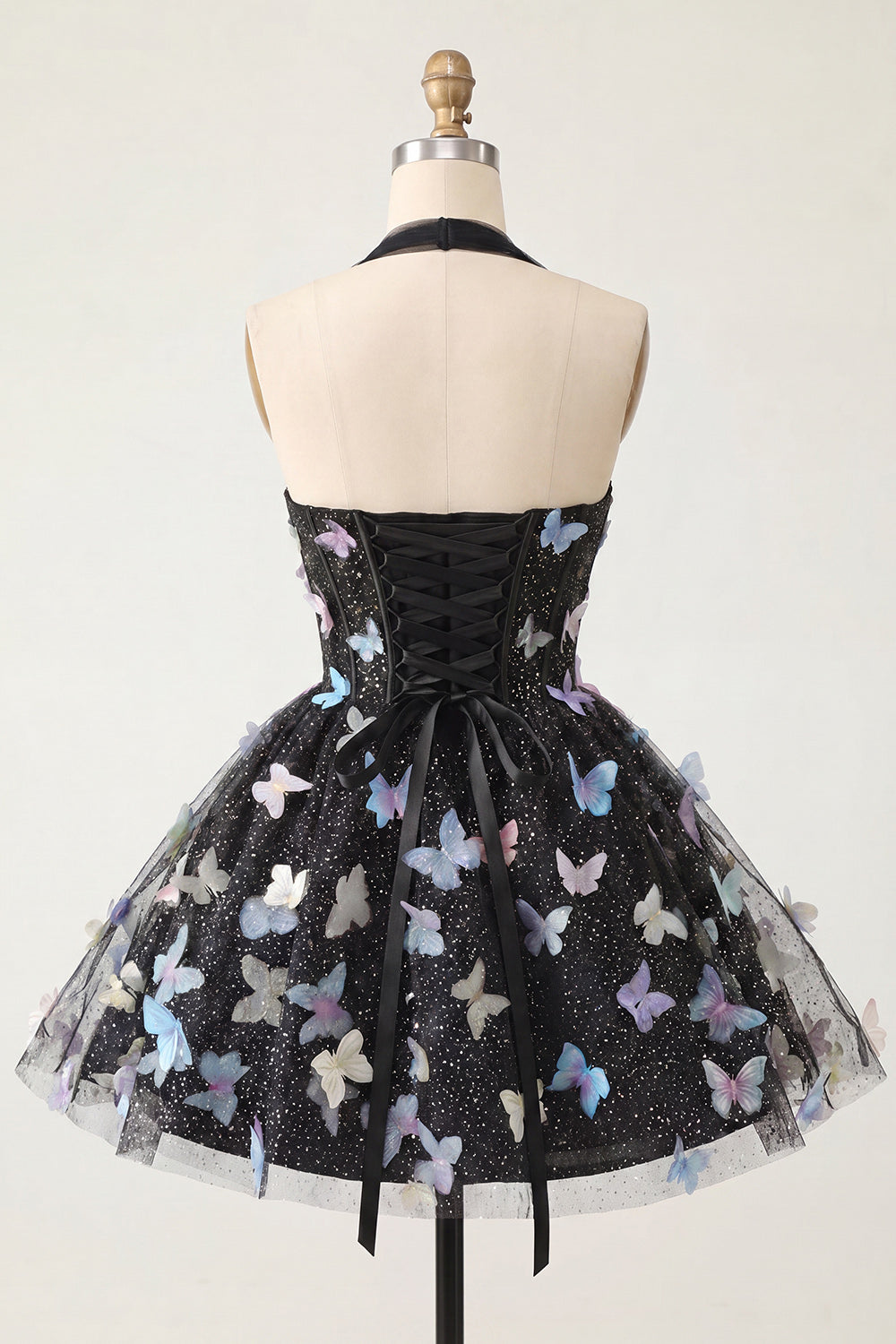 A-Line Black Halter Neck Corset Lace Up Back Short Homecoming Dress with Butterfly