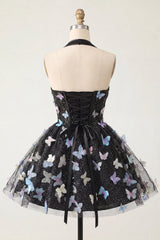 A-Line Black Halter Neck Corset Lace Up Back Short Homecoming Dress with Butterfly