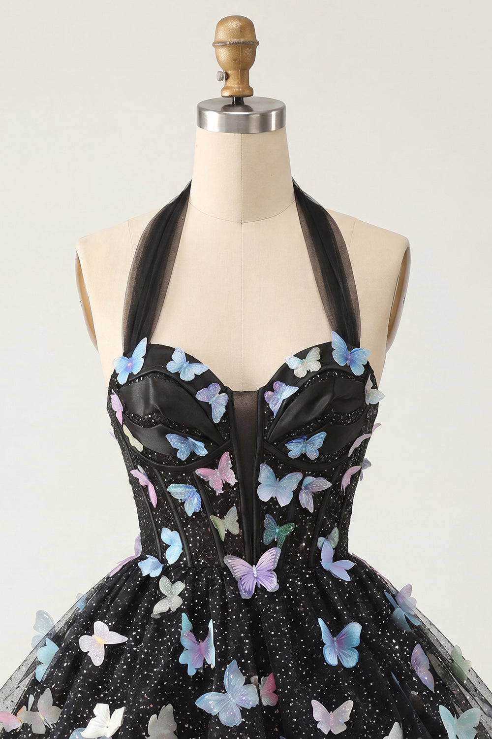 A-Line Black Halter Neck Corset Lace Up Back Short Homecoming Dress with Butterfly
