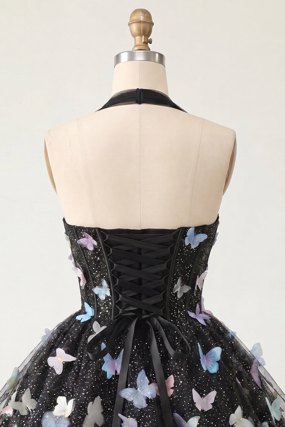 A-Line Black Halter Neck Corset Lace Up Back Short Homecoming Dress with Butterfly