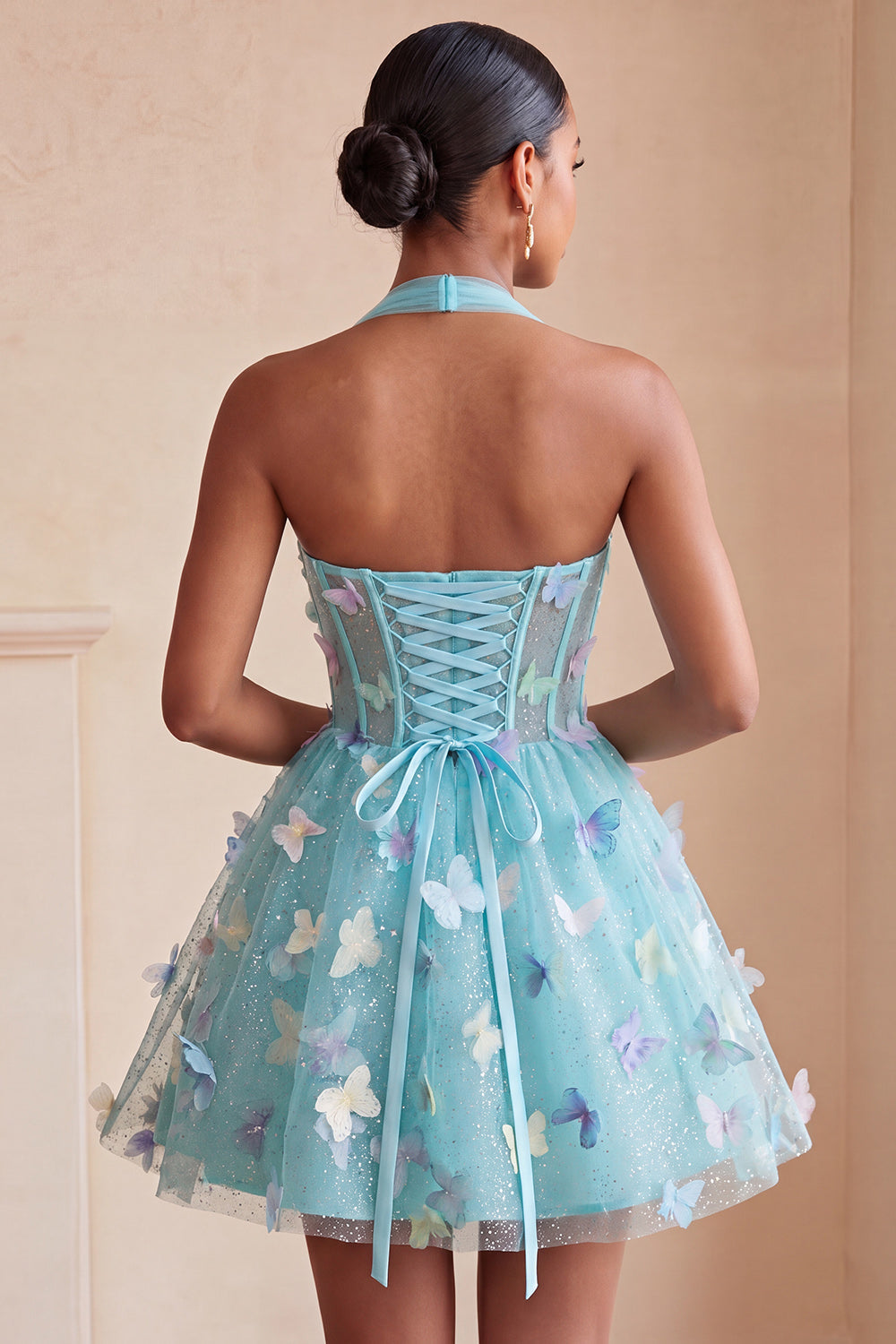A-Line Black Halter Neck Corset Lace Up Back Short Homecoming Dress with Butterfly